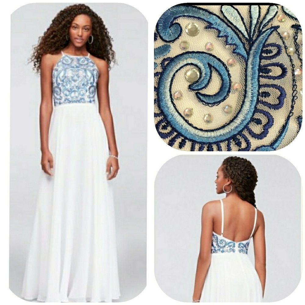 Embroidered Hugh Neck Chiffon Gown Xscape - Picture 2 of 8